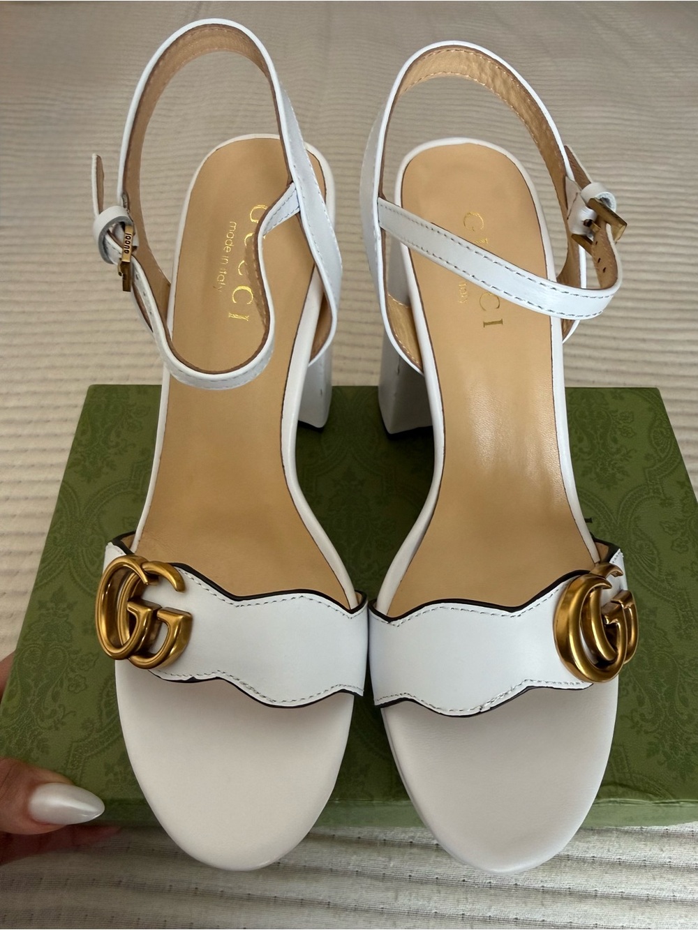 Gucci White Leather Block Heel Sandals with Gold Accents